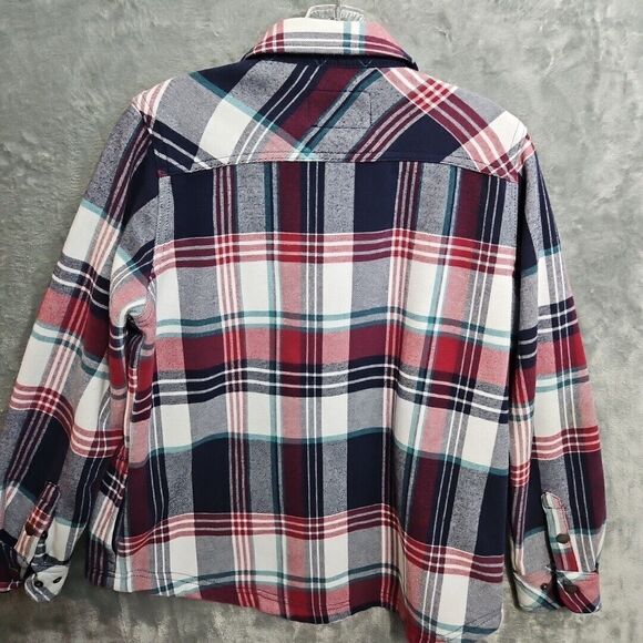 Orvis Women’s Med Blue Fleece Lined Flannel Plaid Snap Up Shirt Jacket Shacket - Picture 10 of 12